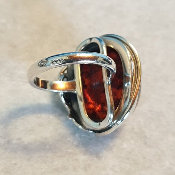 Vintage Cognac Baltic Amber Sterling Silver Art Nouveau–Inspired Floral Ring - Picture 11 of 16